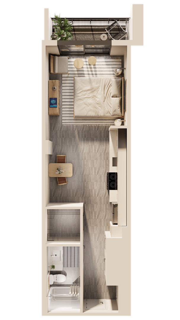 a floor plan of a small apartment with a bedroom and a bathroom